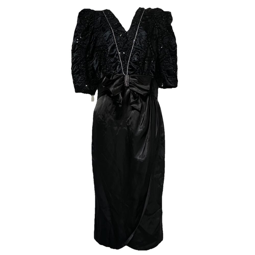 Vintage claralura original California Black Satin Sequined Bow Evening Dress